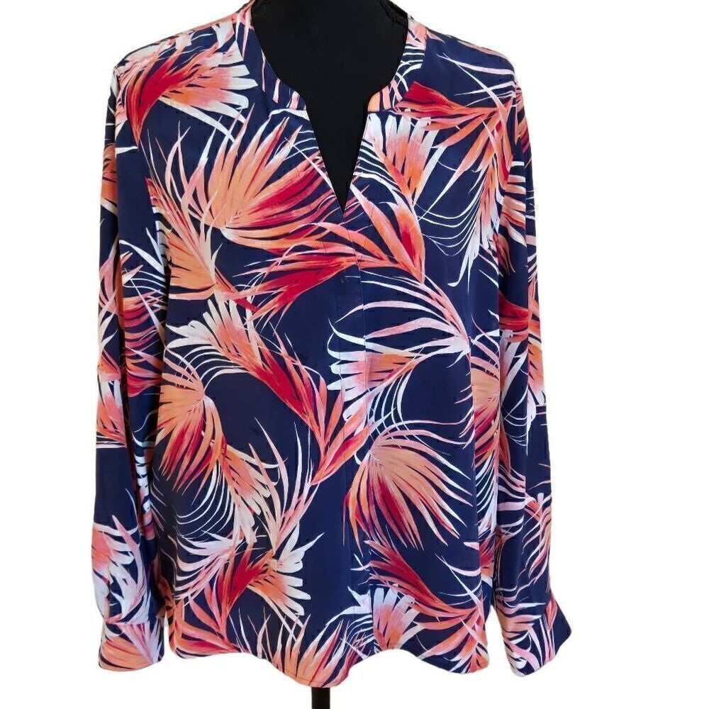 Tommy Bahama Womens Long Sleeve Tropical Silk Blouse Coral Navy Blue Medium
